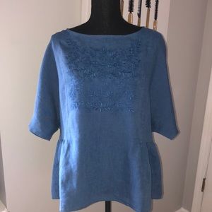 NWT Lands’ End Blue jean Chambray blouse short sleeves with navy embroidery